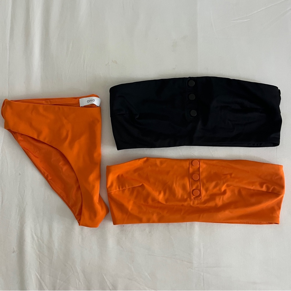 Onia Women Sz M Ines Bandeau Bikini Set Persimmon Strapless Swim Black Bandeau